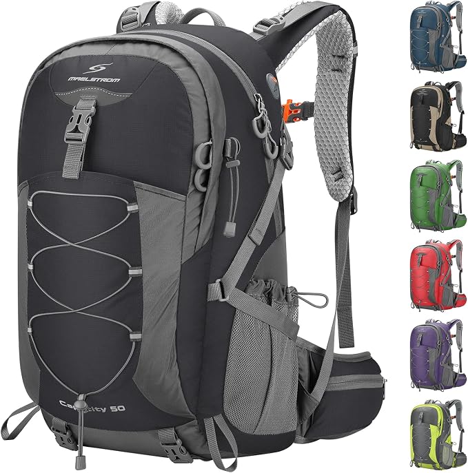 Maelstrom 50L Hiking Backpack, Lightweight Camping Daypack with Rain Cover | Water-Resistant Rip-Stop Nylon, Wet/Dry Separation, Multi-Pockets, Survival Whistle. Ideal For Men, Women, Travel, Trekking