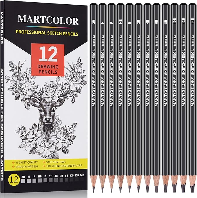 MARTCOLOR Drawing Sketching Pencils Set, 12 Pack Graphite Pencils(14B - 2H), Ideal for Drawing Art, Sketching, Shading, Artist Pencils for Beginners & Pro Artists