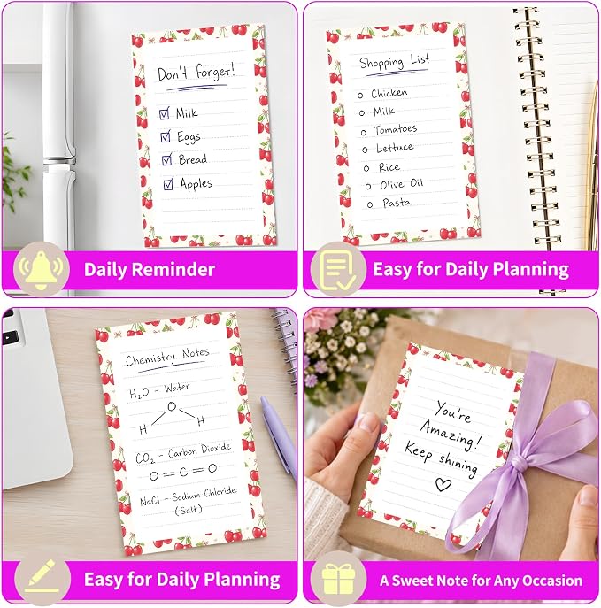 Lined Sticky Notes 4x6 in, 2 Pack Large Cute Notepads with Lines Self-Stick Note Pad, Funny Memo Pads Strong Adhesive for Office, Home Cute Red Cherry