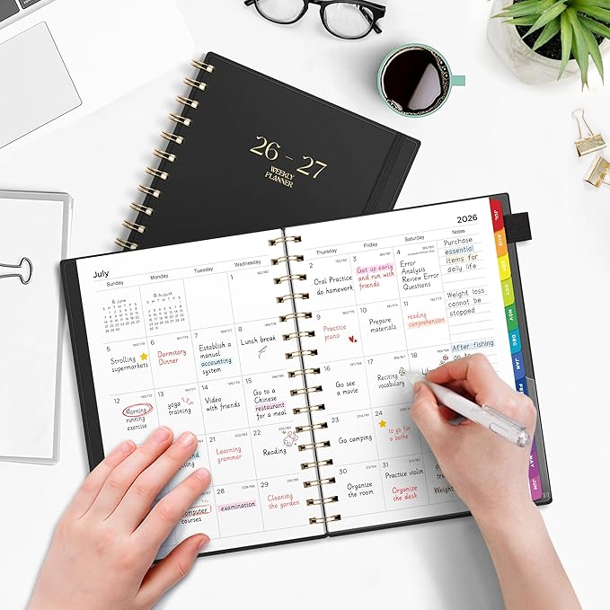 EMSHOI Academic Planner 2026-2027, Weekly and Monthly Calendar (July 2026 - June 2027), School Student Teacher Agenda Book, 100GSM Paper, PVC Cover, Colorful Tabs, A5 (6.38" x 8.35"), Black