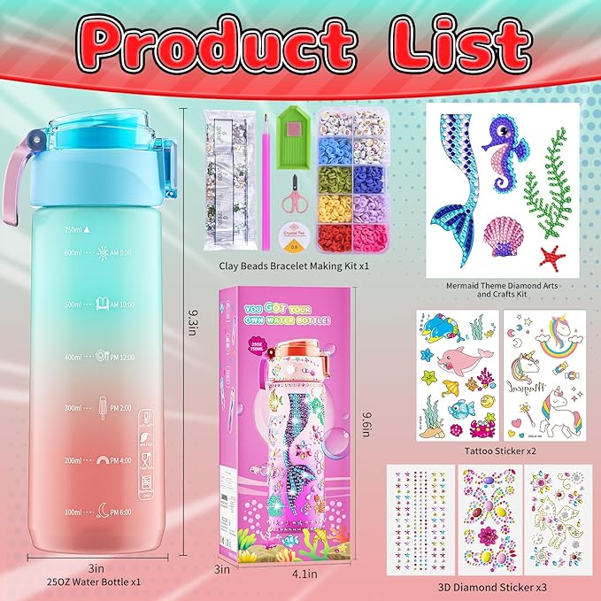 BOOH Decorate Your Own Water Bottle Kits for Girls, Mermaid Diamond Painting Toys & Friendship Bracelet, Fun Arts Crafts for Ages 4-6-8-10, Birthday Gifts Toys for Kids