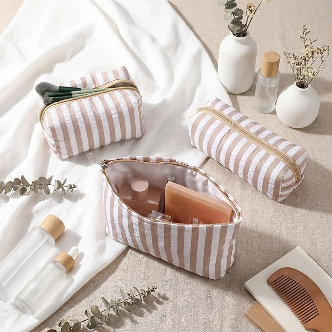 Huhumy 3 Pcs Makeup Bag Set Cute Cosmetic Pouch for Women Aesthetic Seersucker Travel Toiletry Bag Set Preppy Small Makeup Purse Pouch Wide Stripe Cosmetic Organizer Pencil Case with Zipper(Khaki)