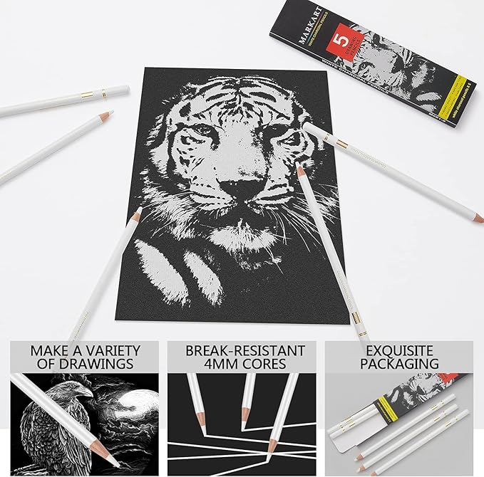 MARKART Professional White Charcoal Pencils Set, 5 Pieces Sketch Highlight Charcoal Pencils for Drawing, Sketching, Shading, Blending, White Chalk Pencils for Beginners & Artists