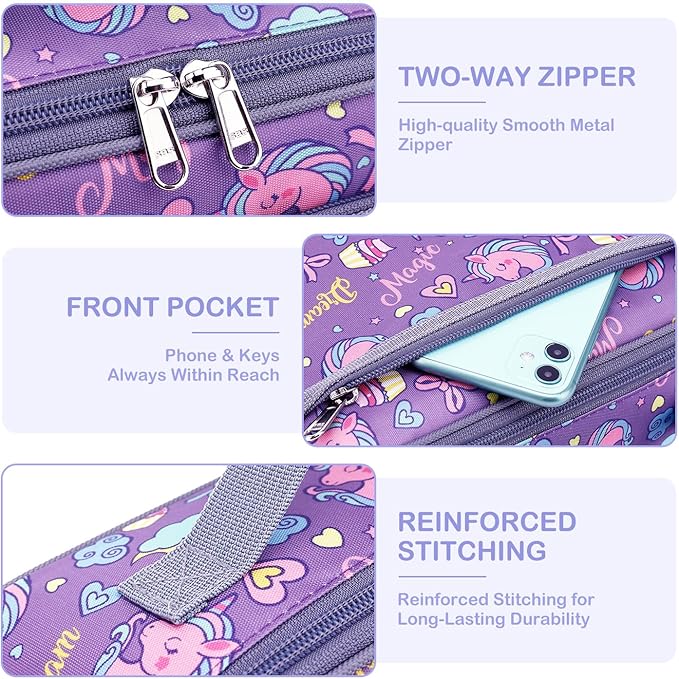 FlowFly Kids Lunch box Insulated Soft Bag Mini Cooler Back to School Thermal Meal Tote Kit for Girls, Boys, Purple Unicorn