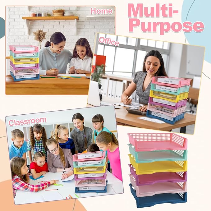 gisgfim 6 Pcs Turn in Trays Classroom Colorful Paper Tray for Classroom Organization and Storage Stackable Plastic Book Baskets Turn in Bins Teacher Organizers for Library Drawers School Office Desk