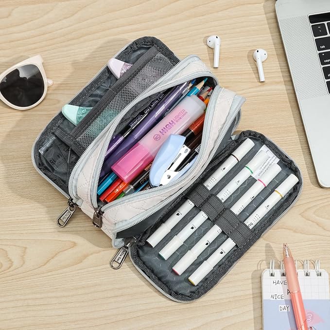 Della Gao Large Pencil Case, Big Capacity Pencil Pouch with 3 Compartments | Office Pencil Bag with Zipper, Big Pen Case for Adults (01-3Beige)