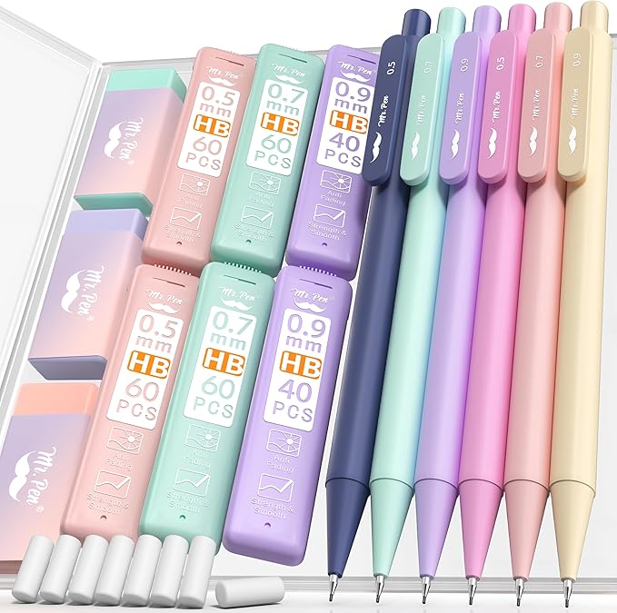 Mr. Pen- Pastel Mechanical Pencil Set with Lead Refills & Erasers, 6 Pack, 3 Sizes, 0.5 0.7 & 0.9mm, 6x Tubes HB Lead Refill, 3x Eraser for School Supplies, Students, Drafting, Drawing & Sketching