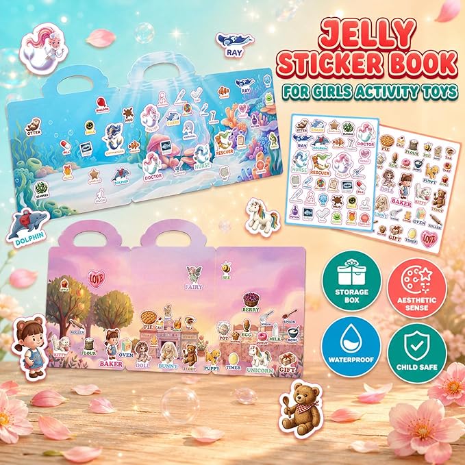 4 Sets Reusable Sticker Books for Girls Ages 3-6, Jelly Sticker Book Toddler 2-4,Ballet Unicorn Mermaid Doll Waterproof Travel Activity Toys Kids 3 4 5 6