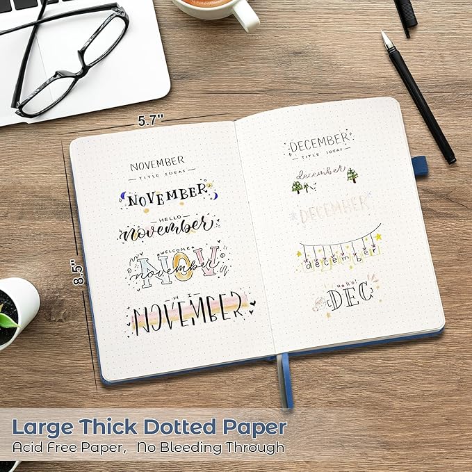 Dotted Journal, Hardcover Notebook, Dot Grid Notebook Journal for Women, Men, Large Leather Journals for Writing, Bullet, No Bleed Thick Paper, A5 Notebooks for Work, School, Notes, 5.7"x8.5", Blue