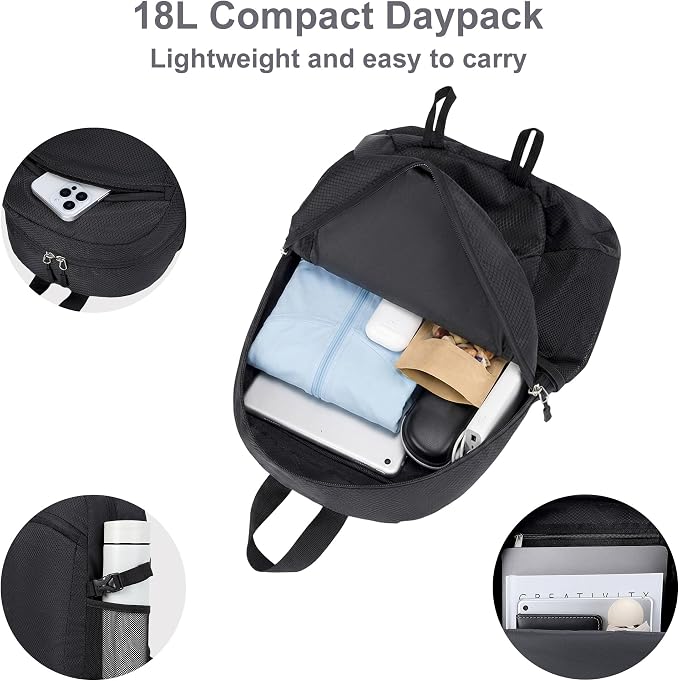 Lightweight Hiking Backpack 18L Packable Foldable Small Daypack Collapsible Travel Bag Water-Resistant for Women Men (Black)