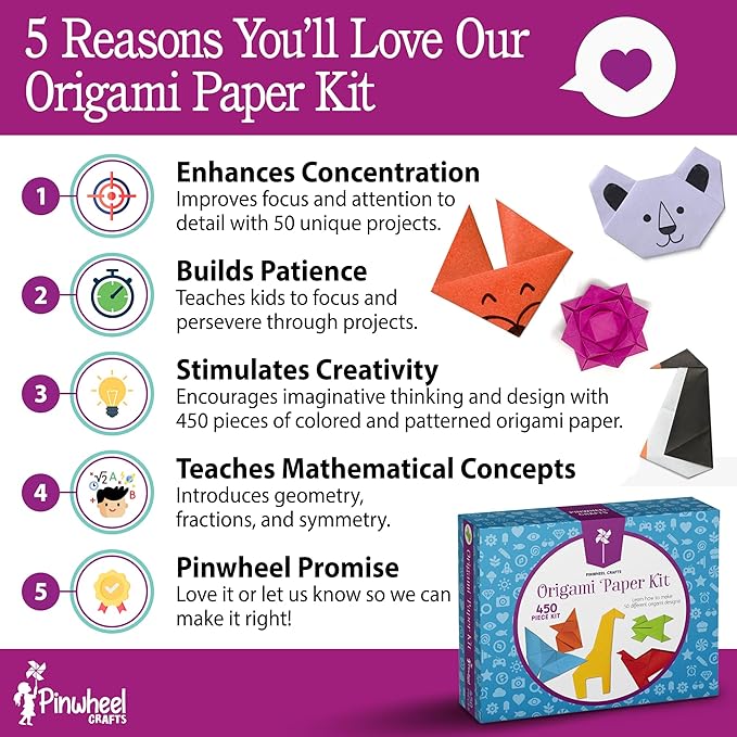Pinwheel Crafts Origami Kit for Kids Ages 5-8,8-12 | 450 Sheets Origami Paper Kit w/ 50 Projects, 400 Solid Color Paper for Crafts, 50 Japanese Patterns & Guide Book | Christmas Gift for Boys & Girls