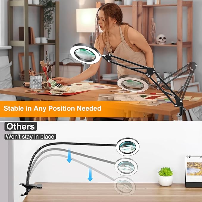 10X Magnifying Glass with Light and Stand, Magnifier with Light Hands Free, 3 Color Modes 10 Level Dimmable, Magnifying Real Glass LED Desk Lamp for Close Work, Repair, Reading, Craft, Black