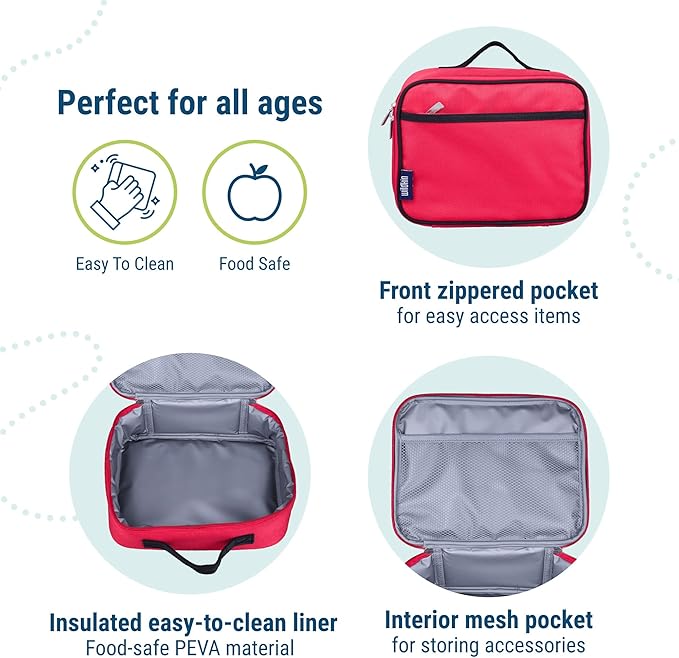 Wildkin Kids Insulated Lunch Box, Keeps Food Hot or Cold, BPA-Free with Mesh Pockets & Easy-Clean Lining – Ideal for School, Travel & Daycare – Cardinal Red