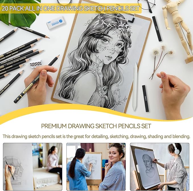 MARTCOLOR Drawing Sketching Pencil Set, 20 Pieces, Graphite Pencils (14B-4H), Charcoal Sticks, Stump, Eraser, Sharpeners, Ideal for Drawing Art, Sketching, Artist Pencils for Beginners & Pro Artists