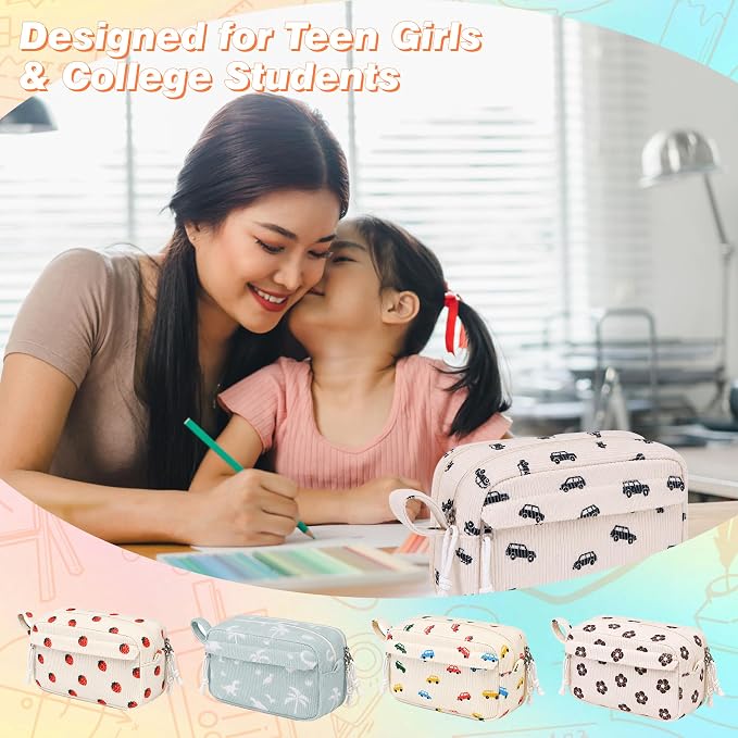 Big Capacity Pencil case,Soft Corduroy Pencil Bag with 3 Compartment,Pencil Pouch School Supplies Cute Pencil Box Pencil Bag for Teen Girls Boys College (Black Car)