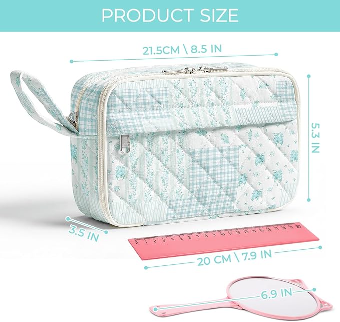 WOBAGMEN Quilted Pencil Pouch for Women, Large Capacity Pencil Case with Compartments, Cute Aesthetic Pencil Organizer, Floral Stationery Pouch（Green Floral Patchwork）