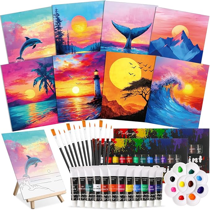Cholemy 36 Pcs Paint and Sip Kit for Adults 8''x10'' Pre Drawn Canvas for Painting DIY Afro Acrylic Painting Kit Wood Easel Brushes Date Night Bulk for Father's Day Party Gifts(Sunset Style)