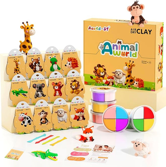 Aestd-ST Air Dry Clay Kit - Animal Theme, Modeling Clay for Kids, DIY Model Magic Clay with Sculpting Tools and Tutorials, 12 Boxes Molding Clay, Soft & Non-Sticky, Arts and Crafts Gift for Kids