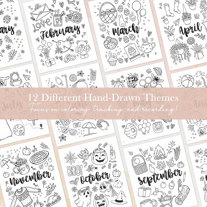 Everloria Premade Dotted Journal, 12 Months Pre-made Templates Bullet Notebook, 260 Hand-Drawn Coloring Pages, Undated Weekly & Monthly Planner, 7.8"x9.3" Linen Dot Grid Habit Mood Tracker, Gray
