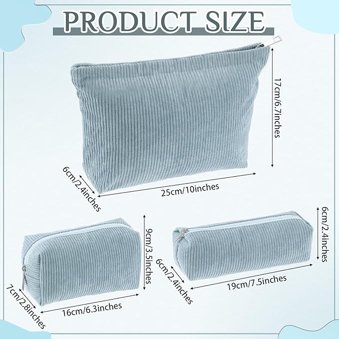 Huhumy 3 Pcs Makeup Bag Set for Women Corduroy Cosmetic Pouch Aesthetic Smile Travel Toiletry Bag Cute Purse Pouch Pencil Case Makeup Brushes Storage Organizer with Zipper(Blue,Solid Style)