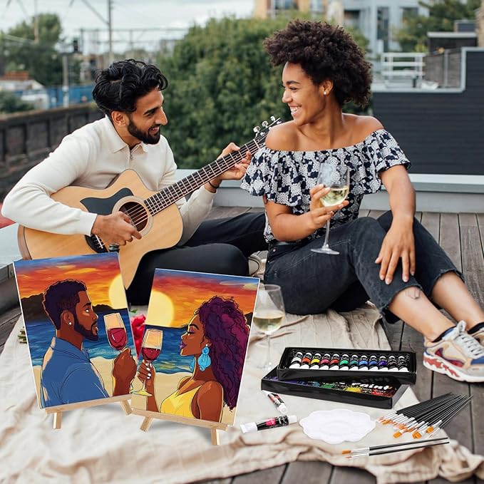 Cholemy 36 Pcs Paint and Sip Kit for Adults 8''x10'' Pre Drawn Canvas for Painting DIY Afro Acrylic Painting Kit Wood Easel Brushes Date Night Bulk for Father's Day Party Gifts(Couple)