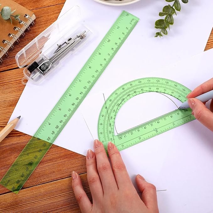 Zonon 3 Pcs Plastic Ruler 6 Inch Protractor Drawing Compass Set, Student Geometry Math Transparent Measuring Tools for Home School Classroom Office Supplies(12 Inch,Green)