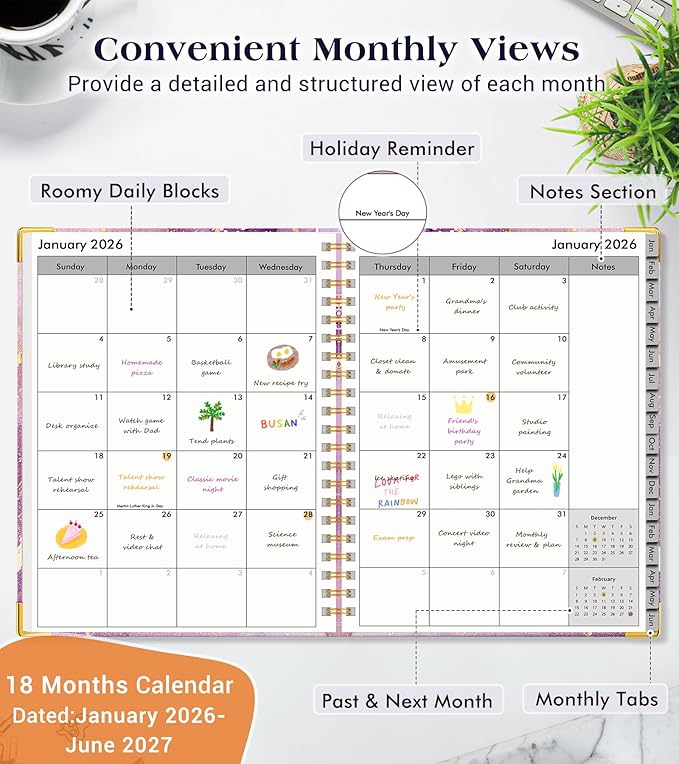 Planner 2026-2027, 18 Months Weekly and Monthly Hardcover Planner, January 2026 - June 2027, 8.5" x 11" A4 Large Daily Calendar Planner Book with Tabs, Spiral Yearly Agenda Organizer Notebook for School Work Home, Purple Marble