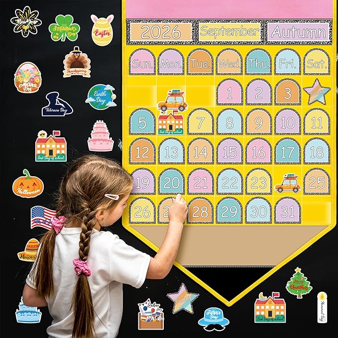 AnyDesign Pencil Calendar Pocket Chart with 80 Reusable Back to School Cards Learning Circle Time Calendar Classroom Daily Schedule Pocket Chart for Homeschool Preschool Office Teacher Supplies