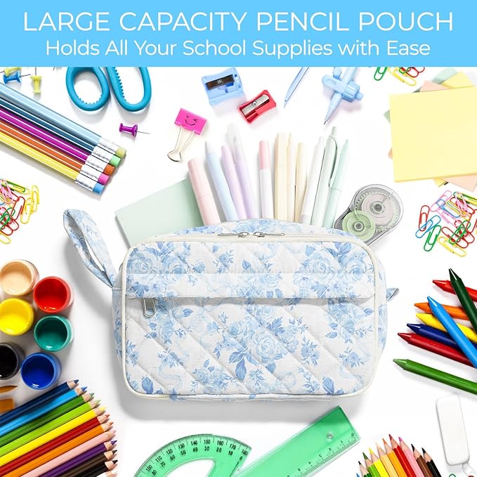 WOBAGMEN Quilted Pencil Pouch for Girls Women, Large Pencil Case Pouch with Compartments Cute Aesthetic Pencil Case Organizer, Floral Pencil Bag for School Supplies (Blue Floral Bow)