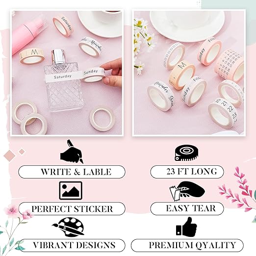 Chuangdi 9 Rolls Calendar Washi Tape Set Day Week Month Number Vintage Calendar Date Washi Masking Tape Decorative Patterned Marking for Arts Crafts Journal Planner (Light Brown, Beige, Pink)