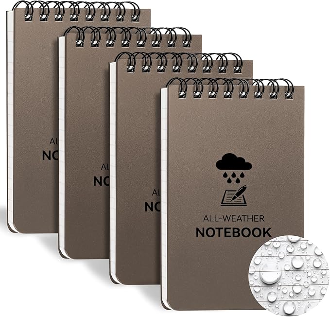 COIDEA Waterproof Notebook, 4 Pack Top-Spiral Pocket Notepad, 3" x 5" Weatherproof NotePad, All Weather Police Pocket Notebook Little Memo Steno Note Pads for Outdoor Office School Recording, Brown