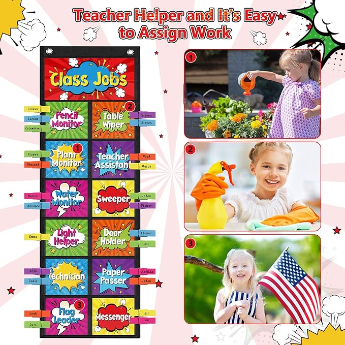 Pasimy Hero Class Jobs Pocket Chart Class Helpers Pocket Chart Classroom Jobs Cards with Clips and Hooks Teacher Helper Bulletin Board Set for Back to School Classroom Teacher Supplies