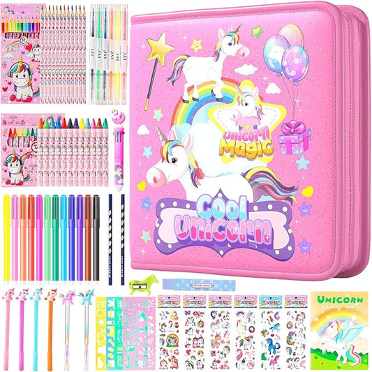 DOKKIA Fruit Scented Coloring Pens Markers Set 65 PCS Art Craft Drawing Case - Washable Kits Pencil,Gel Pen,Crayon&Coloring Book Supplies Rainbow Unicorn Pink