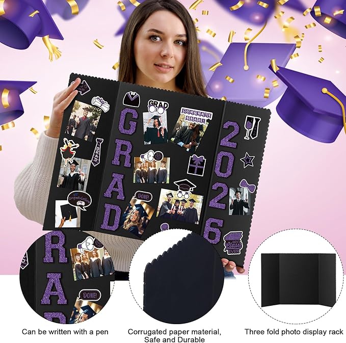 MiniInflat 4 Set Graduation Photo Display Board Trifold Poster Board for Class of 2026 Grad Party Picture Display Graduation Photo Frames for Multiple Pictures Table Decor(Purple,24 x 16 Inches)