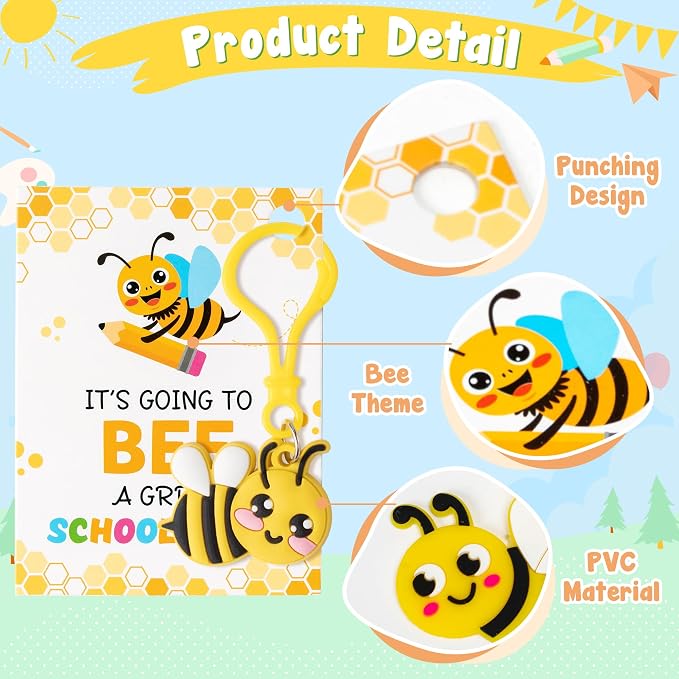 Haooryx Back to School Gift Card with Bee Keychains - 28 Pack Back to School Student Keychain with Greeting Cards Cute Bee Key Ring for Kids First Day of School Gift Class Reward Party Favor Supplies