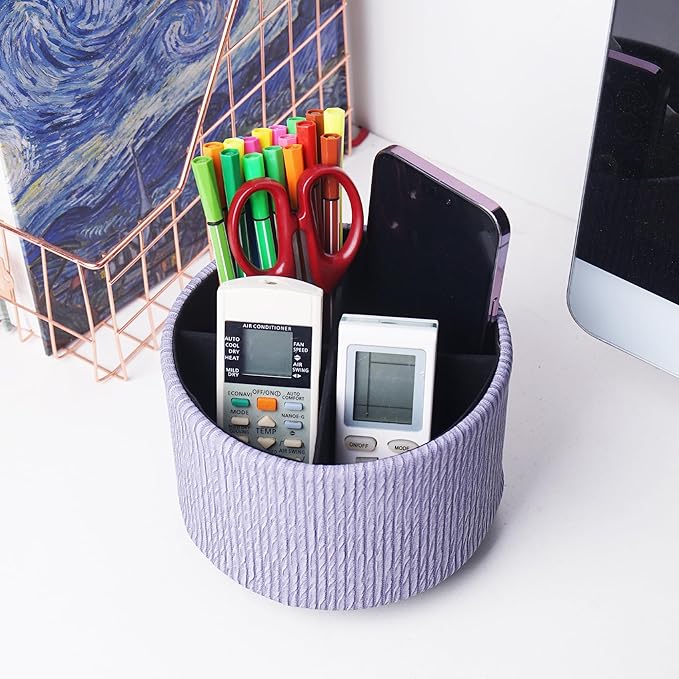 Round Leather Art Supply Organizer,Remote Control Holder,360 Degree Spinning,Multi-Functional Pencil Holder,4 Compartments Desktop Stationary Organizer(1-Vertical Wood Purple)
