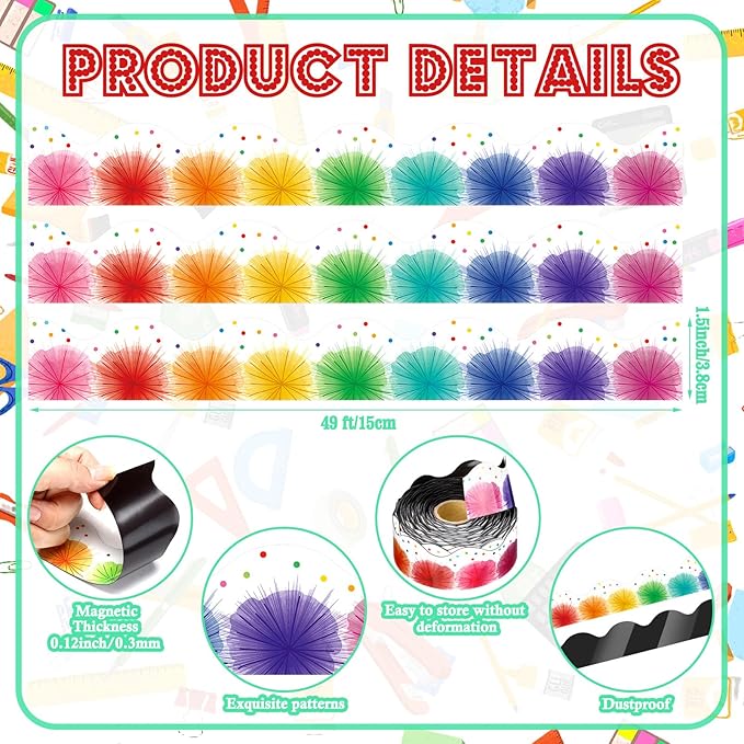 Fuyoooo 49 ft Colorful Poms Scalloped Magnetic Borders for Classroom, Cut Border Trim, Magnetic Bulletin Board Borders for Walls Desks Windows Doors, Lockers Schools Classrooms Homeschool Offices