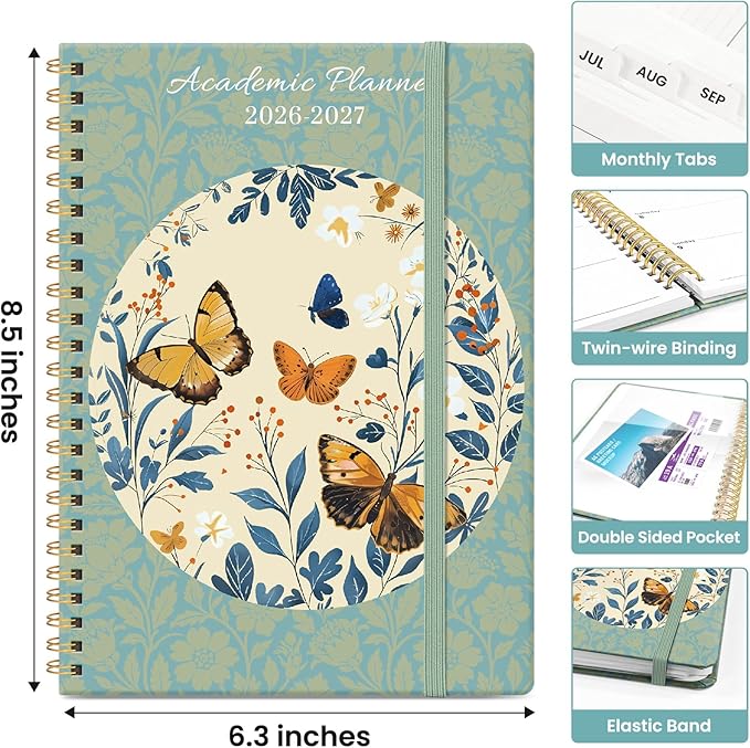 Planner 2026–2027, Academic Monthly Weekly Spiral Calendar, July 2026 – June 2027, Hardcover Agenda Notebook with Tabs, 6.3" x 8.5", Perfect for Students, Teachers, School & Daily Planning - Floral Halo