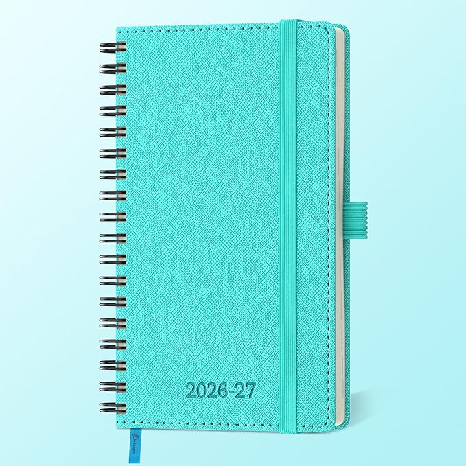 Planner 2026-2027 Daily Weekly and Monthly,6.5"x3.75",18 Months Spiral Bound Calendar Agenda with Self-adhesive Pen Holder,2026 Academic Plan with Vegan Leather Soft Cover,Light Blue