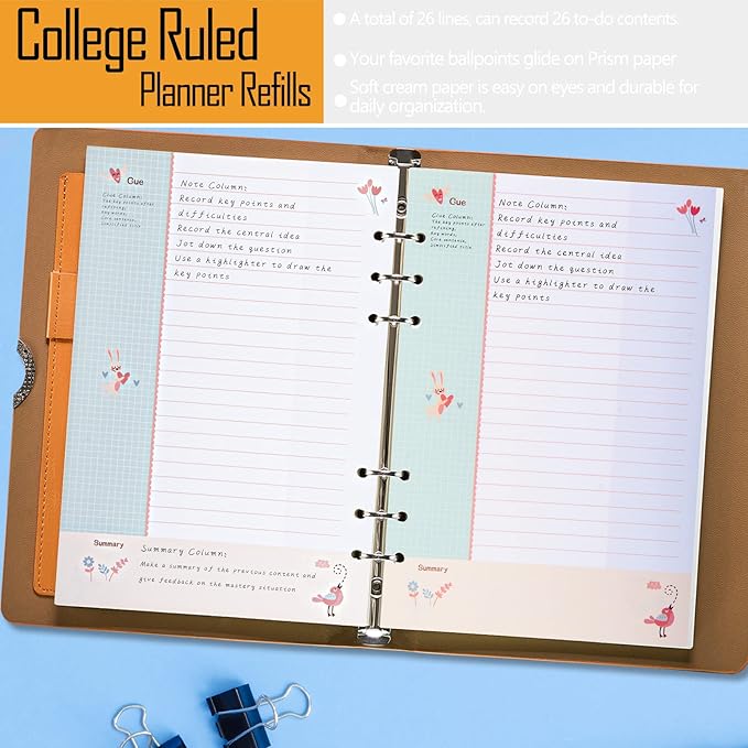 Rancco Cornell-Note Taking-System A6 Planner Refill Paper, 90 Page Colorful 5R Cornell Notes 6-Ring Binder Loose-leaf Inserts w/Zipper Pouch, Binder Divider, Ruler, Index Tab, College Ruled, 6.9x3.7"