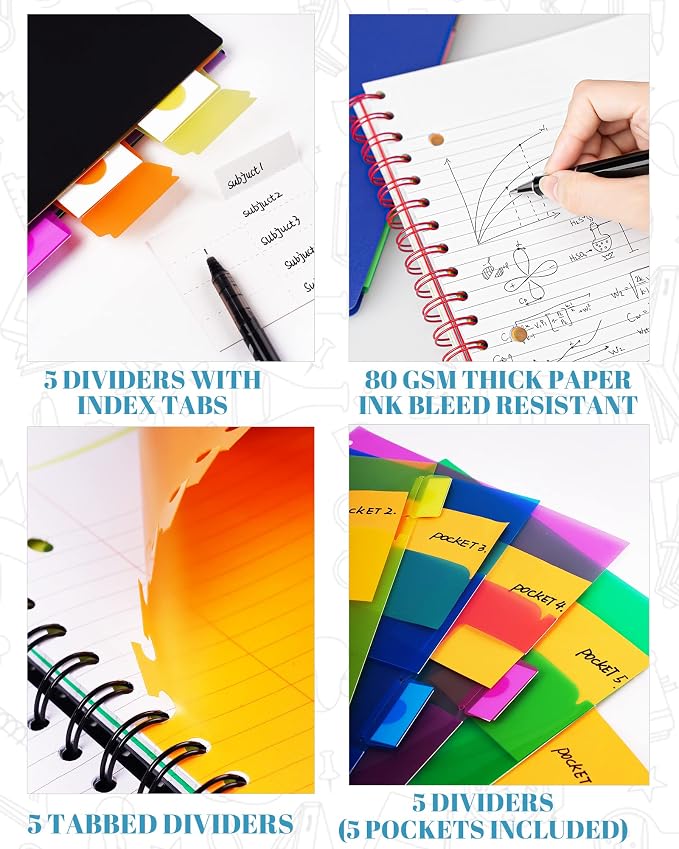 5-Subject Spiral Notebook, College Ruled, with Pocket & Tab Dividers