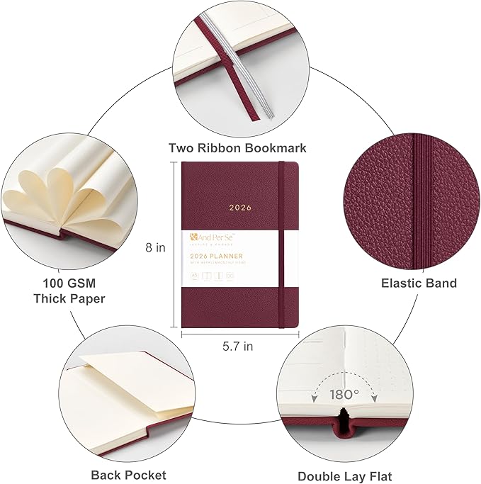 And Per Se 2026 Planner-Daily, Weekly & Monthly Leather Hardcover Planner, 5.7" x 8", Daily Schedule, 100 GSM Thick Paper, Back Pocket(Dark Red)
