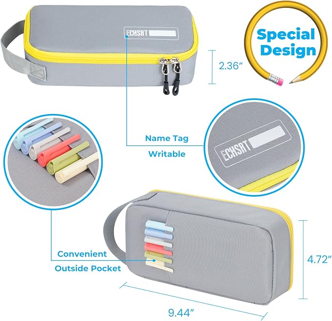 ECHSRT Large Capacity Pencil Case with Hidden Pocket, 1200D Oxford Fabric Zipper Pencil Pouch with Handle, Multi-Pocket Stationery Organizer for Office, College, Travel and Daily Carry, Grey