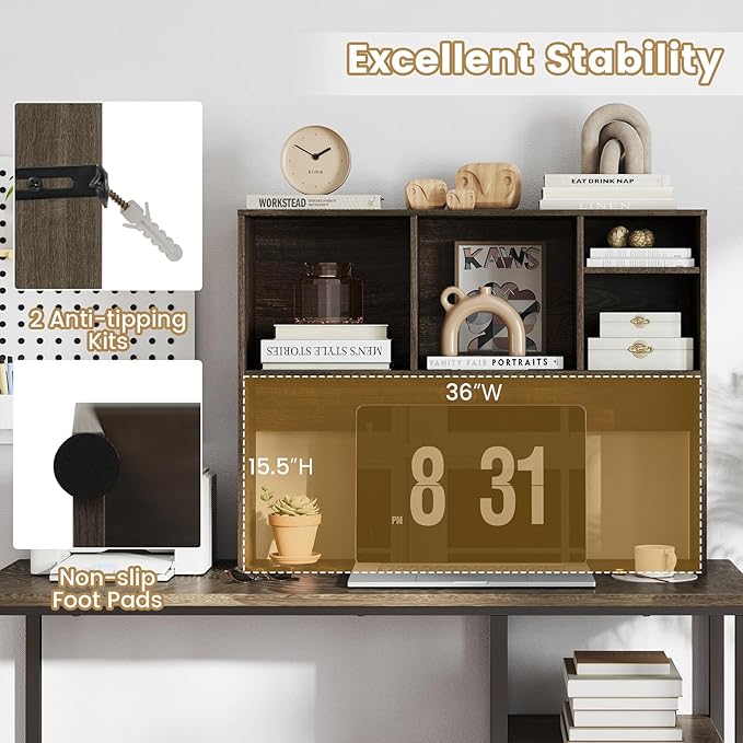Giantex Desktop Bookshelf, Countertop Storage Hutch with 4 Shelves for Computer Desk, Dressing Tabletop Display Rack, Multipurpose Desk Hutch Storage Organizer for Home Office Dorm (Grey Oak)