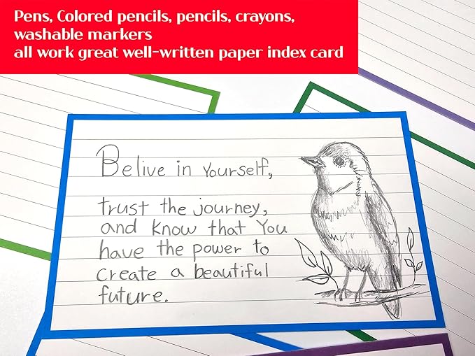 PPAPPAPPIYO 100 Pack 3x5 Ruled Index Cards, Extra Thick 260gsm White Cardstock, Colorful Borders with Ruled Front and Blank Back, Heavyweight Flash Cards for Study, Recipes, and Organization