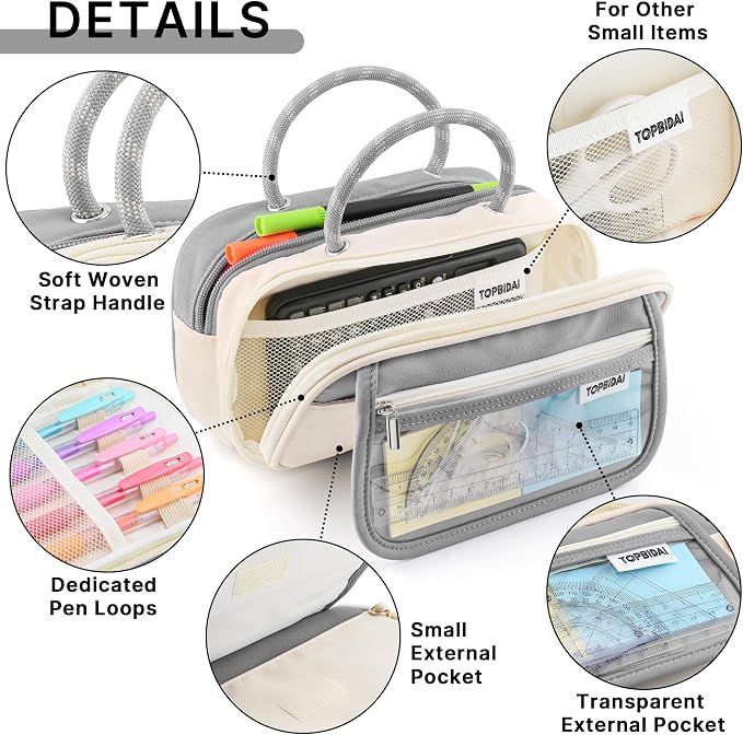 TOPBIDAI Large Pencil Case Pouch School Supplies for Girls Boy Women Men | Big Pencil Bag with 5 Compartments, Easy Grip Handle, Office College School Pencil Box