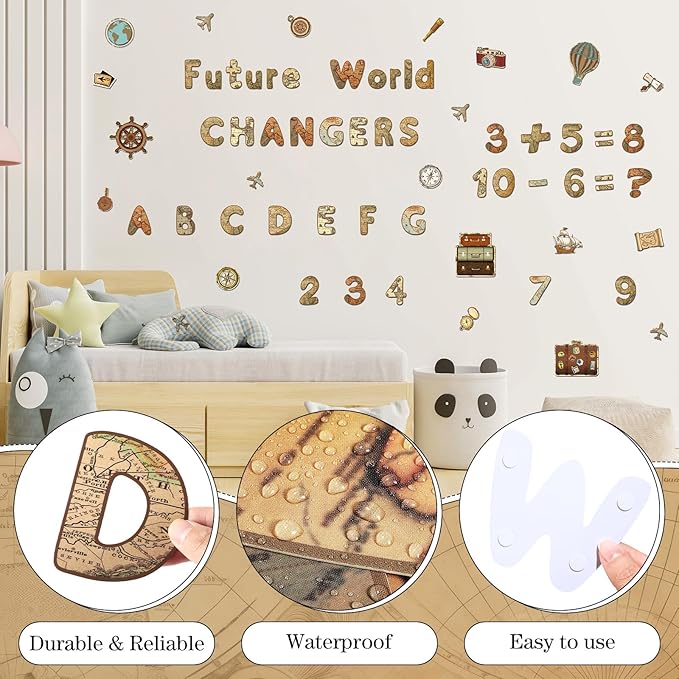 221 Pcs World Map Bulletin Board Letters, Round Alphabet Number Punctuation Symbol Combo Letter Cutouts, Vintage Classroom Decor for School Classroom Chalkboard Poster Bulletin Board Wall