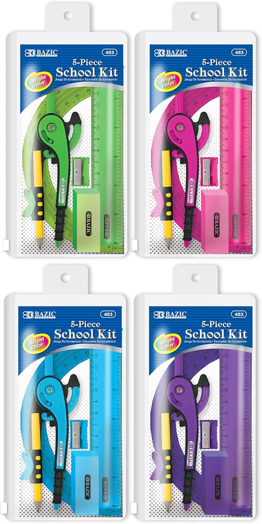 BAZIC Products Math Geometry Set 5 Pieces, Protractor, Compass, Sharpener, Wood Pencil, Eraser, Storage Zipper Pouch, Drafting Drawing Tool, 4-Packs