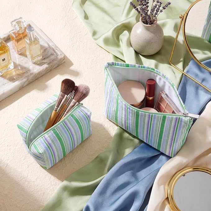 Huhumy 2 Pcs Striped Makeup Bag, Travel Toiletry Bag for Women, Aesthetic Cute Colorful Cosmetic Pouch, Seersucker Storage Organizer for Accessories, Essentials, Toiletries(Green Blue Purple)