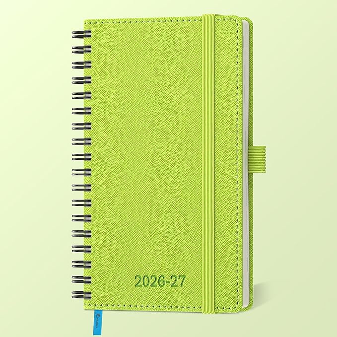 Planner 2026-2027 Daily Weekly and Monthly,6.5"x3.75",18 Months Spiral Bound Calendar Agenda with Self-adhesive Pen Holder,2026 Academic Plan with Vegan Leather Soft Cover,Wasabi Green